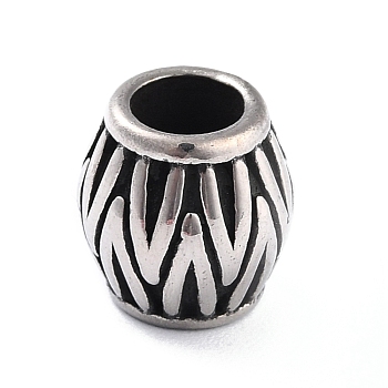 304 Stainless Steel European Beads, Large Hole Beads, Barrel with Floral Pattern, Antique Silver, 11x10.5mm, Hole: 5.5mm