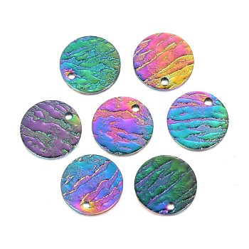 Ion Plating(IP) 304 Stainless Steel Charms, Textured, Laser Cut, Flat Round, Rainbow Color, 12x1mm, Hole: 1.4mm