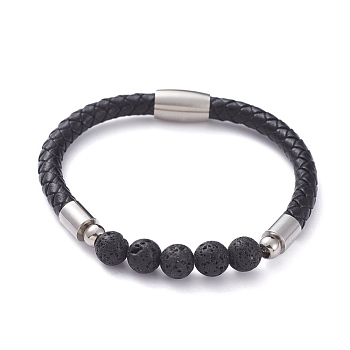 Unisex Leather Cord Bracelets, with Natural Lava Rock Round Beads, 304 Stainless Steel Magnetic Clasps and Rondelle Beads, with Cardboard Packing Box, 8-1/8 inch(20.5cm)