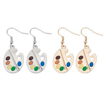 2 Pair 2 Color Colorful Enamel Palette Dangle Earrings, Alloy Jewelry for Women, Golden & Stainless Steel Color, 45mm, Pin: 0.6mm, 1 Pair/color