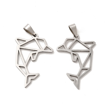 201 Stainless Steel Origami Pendants, Dolphin Outline Charms, Stainless Steel Color, 31.5x21.5x1.5mm, Hole: 6.5x3mm
