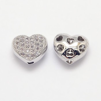Brass Micro Pave Cubic Zirconia Hollow Beads, Cadmium Free & Nickel Free & Lead Free, Heart, Real Platinum Plated, 8x9x5mm, Hole: 1mm