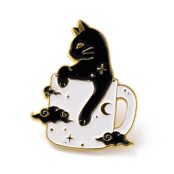 Cat in Cup Enamel Pin, Cute Alloy Enamel Brooch for Backpacks Clothes, Light Gold, White, 30x24x9.5mm