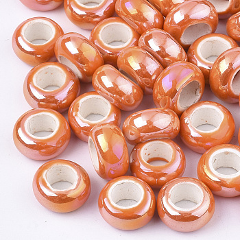 Electroplate Porcelain Beads, Large Hole Beads, AB Color Plated, Rondelle, Coral, 12~13x6.5mm, Hole: 6mm