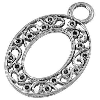 Tibetan Style Alloy Pendants, Lead Free, Cadmium Free and Nickel Free, Oval, Antique Silver, 32x22x1.5mm, Hole: 4mm
