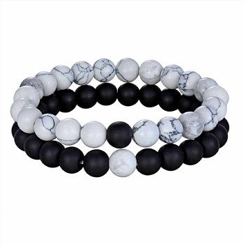 Valentine's Day Natural Obsidian & Natural Howlite Beaded Bracelets Sets, Stretch Bracelets