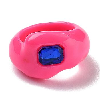 Resin Finger Rings, with Plastic Rhinestone, Rectangle, Hot Pink, US Size 7 1/4(17.5mm)