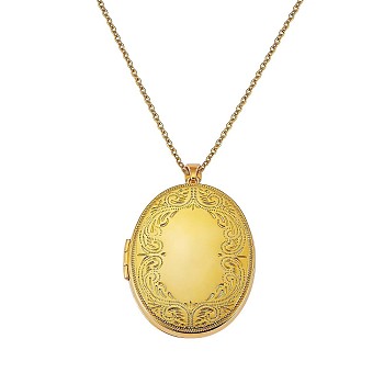 Oval with Leaf Picture Locket Pendant Necklace, Brass Memorial Jewelry for Women, Golden, 17.72 inch(45cm)