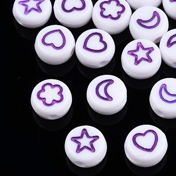 White Opaque Acrylic Beads, Flat Round with Heart & Flower & Moon & Star, Dark Violet, 7x4mm, Hole: 1.6mm