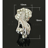 Brass Ice Pick and Pinch Bails, with Rhinestone, Hand, Platinum, 18x10mm, Pin: 1mm(KK-H383-P)