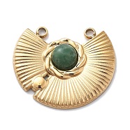 PVD Vacuum Plating 304 Stainless Steel Pave Natural African Jade Pendants, Fan Charms, Real 18K Gold Plated, 17x20.5x3.5mm, Hole: 1.5mm(STAS-R130-56G)