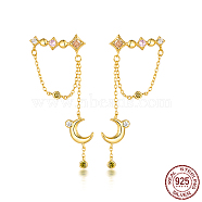 Moon and Star 925 Sterling Silver Rhinestone Dangle Earrings, Chain Earrings for Women, Golden, 46x20mm(IH2256)