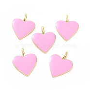 Brass Enamel Pendants, Long-Lasting Plated, Real 18K Gold Plated, Heart, Pink, 24x19x1.5mm, Hole: 6x3mm(KK-P204-14G-C)