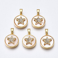 Brass Micro Pave Clear Cubic Zirconia Charms, with White Sea Shell, Nickel Free, Flat Round with Star, Real 18K Gold Plated, 15x13.5x5.5mm, Hole: 2x4.5mm(KK-Q277-011-NF)