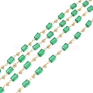 Faceted Cuboid Glass & Round Beaded Chains, with Light Gold Brass Findings, Soldered, Medium Sea Green, 5.5x2.5x2.5mm, 2x2mm(CHC-G018-02KCG)
