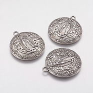 Alloy Lady of Guadalupe Pendants, Cadmium Free & Nickel Free & Lead Free, Flat Round, Virgin Mary, Antique Silver, 28x25x3mm, Hole: 2mm(PALLOY-A20033-AS-FF)