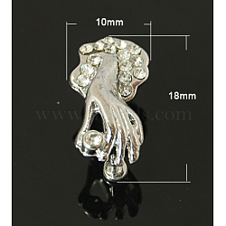 Brass Ice Pick and Pinch Bails, with Rhinestone, Hand, Platinum, 18x10mm, Pin: 1mm(KK-H383-P)