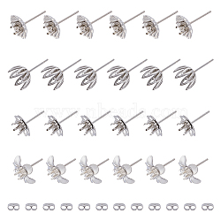 40Pcs 4 Style Flower 201 & 304 Stainless Steel Stud Earring Findings, Prong Earring Settings with 40Pcs 304 Stainless Steel Ear Nuts, Stainless Steel Color, 10~15x0.5~1mm, Tray: 4mm, Pin: 0.7~0.8mm, 10Pcs/style(STAS-DC0014-76)