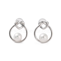 925 Sterling Silver Studs Earring, with Cubic Zirconia and Natural Pearl, Teardrop with Heart, Platinum, 14x12mm(EJEW-H002-10P)