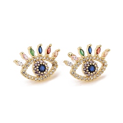 Cubic Zirconia Evil Eye Stud Earrings, Real 18K Gold Plated Brass Jewelry for Women, Lead Free & Cadmium Free, Colorful, 13x18mm, Pin: 0.9mm(EJEW-A069-12G)