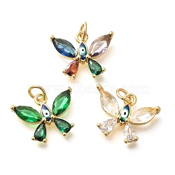 Brass Micro Pave Cubic Zirconia with Evil Eye Enamel Charms, Real 18K Gold Plated, Butterfly, with Jump Ring, Mixed Color, 13.5x18x4mm, Hole: 3mm(KK-G519-02G)