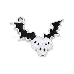 Halloween Alloy Enamel Pendants, Platinum, Skull with Bat, 21x29x1.3mm, Hole: 2mm(FIND-B036-03B)