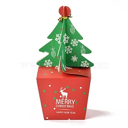 Christmas Theme Paper Fold Gift Boxes, with Iron Wire & Bell, for Presents Candies Cookies Wrapping, Christmas Tree Pattern, 12.5x12.5x25cm(CON-G012-02A)
