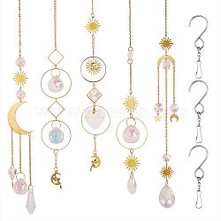 Brass Wind Chime Ornament, Moon & Star & Sun & Fairy & Ring & Rhombus with Glass Beads, for Wall Hangings Decoration, with Stainless Steel Swivel Hooks Clips, Mixed Color, 410~470mm, Hole: 11mm, 1pc/style(HJEW-SZ0001-13)