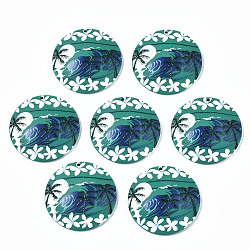 3D Printed Acrylic Pendants, Half Round/Dome with Coconut Tree & Flower, Dark Cyan, 38x6mm, Hole: 1.6mm(KY-S163-311)