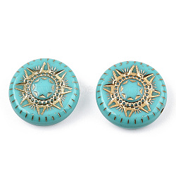 Plating Acrylic Beads, Golden Metal Enlaced, Flat Round, Dark Turquoise, 17x6mm, Hole: 1mm(X-OACR-S029-110)