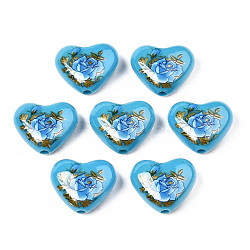 Flower Printed Opaque Acrylic Heart Beads, Deep Sky Blue, 16x19x8mm, Hole: 2mm(SACR-S305-28-O02)