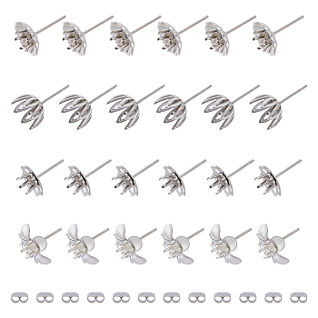40Pcs 4 Style Flower 201 & 304 Stainless Steel Stud Earring Findings, Prong Earring Settings with 40Pcs 304 Stainless Steel Ear Nuts, Stainless Steel Color, 10~15x0.5~1mm, Tray: 4mm, Pin: 0.7~0.8mm, 10Pcs/style