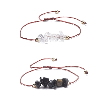 2Pcs 2 Style Natural Quartz Crystal & Obsidian Chips Beaded Bracelets Set with Synthetic Hematite, Gemstone Adjustable Bracelets for Women, Inner Diameter: 1/2~2-5/8 inch(1.4~6.8cm), 1Pc/style