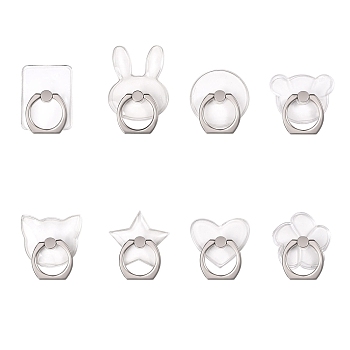 8Pcs 8 Styles Transparent Plastic Cell Phone Ring Holder, 360 Degree Rotation, Alloy Finger Grip Stand Holder, Mixed Shapes, Platinum, 1pc/style