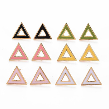 Brass with Enamel Stud Earring Findings, with Loop, Nickel Free, Triangle, Mixed Color, Real 18K Gold Plated, 12x14mm, Hole: 0.9mm, Pin: 0.6mm