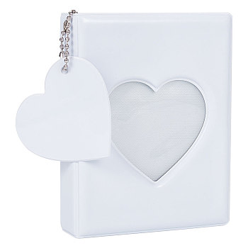 3 Inch PVC Mini Heart Hollow Photocard Holder Book, Mini Mirror-Like Photo Album with 32 Pockets and Ball Chain, White, 110.5x87x27mm, Hole: 3.5mm, Inner Diameter: 92x61mm
