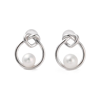 925 Sterling Silver Studs Earring, with Cubic Zirconia and Natural Pearl, Teardrop with Heart, Platinum, 14x12mm
