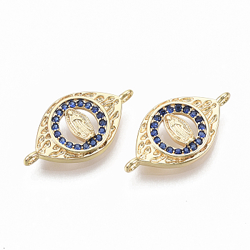 Real 18K Gold Plated Brass Micro Pave Clear Cubic Zirconia Links, Nickel Free, Oval with Saint, Sapphire, 11x20.5x3mm, Hole: 1.5mm