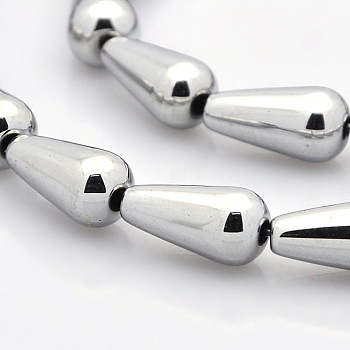 Grade A Electroplate Non-magnetic Synthetic Hematite Teardrop Beads Strands, Silver Plated, 16x8mm, Hole: 1mm, about 27pcs/strand, 16.54 inch