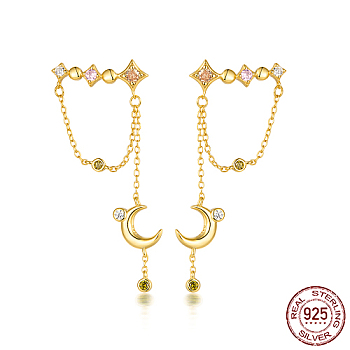 Moon and Star 925 Sterling Silver Rhinestone Dangle Earrings, Chain Earrings for Women, Golden, 46x20mm