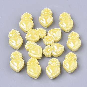 Handmade Porcelain Beads, Bright Glazed Porcelain Style, Heart, Yellow, 16x10.5x6.5mm, Hole: 1.2mm