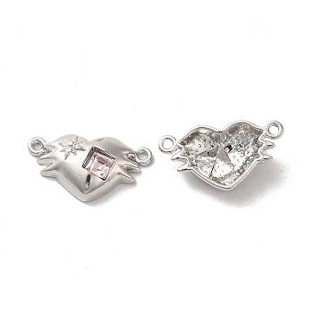 Alloy Connector Charms, Heart Links with Glass, Lead Free & Cadmium Free, Platinum, Misty Rose, 12x22x5mm, Hole: 1.4mm