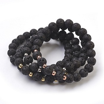 Bracelets Sets, Natural Lava Rock Beads Stretch Bracelets, with Brass Findings, Round, Cardboard Boxes, Mixed Color, 2 inch(5.1cm), Box: 9x6.5x2.7cm, 4pcs/set