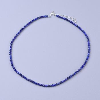 Natural Lapis Lazuli Beaded Necklaces, with Brass Lobster Claw Clasps, Faceted Round Beads, 16.5 inch~16.7 inch(42~42.5cm)x3~3.5mm