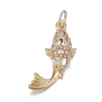 Brass Micro Clear Cubic Zirconia Pendants, Long-Lasting Plated, Fish Shape, Real 18K Gold Plated, 23.5x8x4.5mm, Hole: 3.5mm