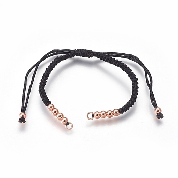 Nylon Cord Braided Bead Bracelets Making, with Brass Beads, Long-Lasting Plated, Real Rose Gold Plated, Black, 10-1/4 inch~11-5/8 inch(26~29.6cm)
