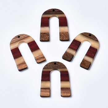 Resin & Walnut Wood Pendants, U Shape, Colorful, 36.5x28x2~3mm, Hole: 2mm