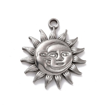 304 Stainless Steel Pendants, Sun with Human Face and Moon, Stainless Steel Color, 29.5x25.5x3.5mm, Hole: 3mm