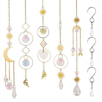Brass Wind Chime Ornament, Moon & Star & Sun & Fairy & Ring & Rhombus with Glass Beads, for Wall Hangings Decoration, with Stainless Steel Swivel Hooks Clips, Mixed Color, 410~470mm, Hole: 11mm, 1pc/style