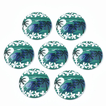 3D Printed Acrylic Pendants, Half Round/Dome with Coconut Tree & Flower, Dark Cyan, 38x6mm, Hole: 1.6mm